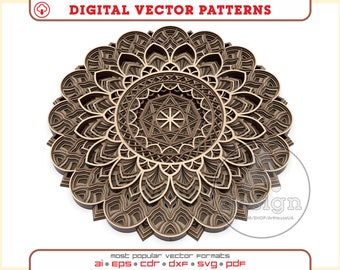 May include: A brown mandala design with intricate details, perfect for laser cutting or CNC projects. The design is available in multiple vector formats, including AI, EPS, CDR, DXF, SVG, and PDF.