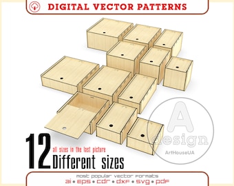 12 boîtes de tailles différentes avec fichier vectoriel à couvercle coulissant pour découpe laser, paquet de boîtes de rangement, fichier de boîte-cadeau, paquet de boîtes à bijoux