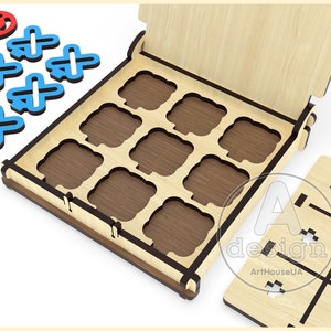May include: A wooden box with a hinged lid, containing nine compartments. The box is open, revealing the compartments. There are also nine wooden pieces with red and blue symbols, and a separate wooden board with a grid pattern.