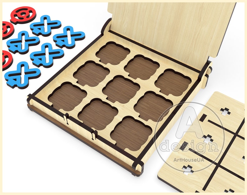 May include: A wooden box with a hinged lid, containing nine compartments. The box is open, revealing the compartments. There are also nine wooden pieces with red and blue symbols, and a separate wooden board with a grid pattern.
