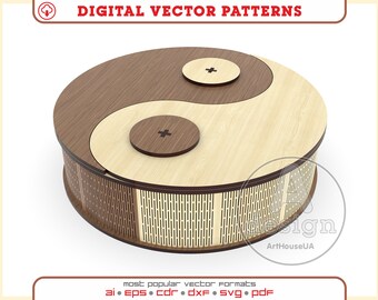 May include: A wooden table with a Yin Yang design. The table has two round lids that open to reveal storage space. The table is made of light and dark wood and has a decorative pattern around the bottom.