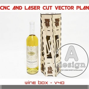 May include: A laser cut wooden wine box with a bottle of Chardonnay inside. The box is designed to be assembled and has a decorative design on the front. The text "wine box - V40" is printed below the box. The text "CNC AND LASER CUT VECTOR PLAN" is printed at the top of the image. The text "as parts for assembly" is printed on the right side of the image.