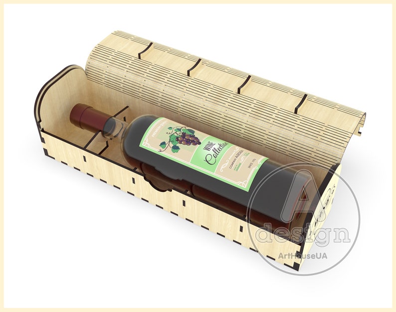 Puede incluir: Una caja de madera para botellas de vino con una tapa que se abre para revelar una botella de vino. La caja est&aacute; hecha de madera marr&oacute;n claro y tiene un patr&oacute;n decorativo en la tapa. La botella de vino es roja y tiene una etiqueta que dice "Wine Collection".