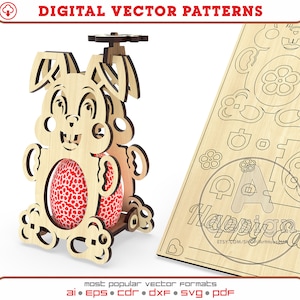 Tarjeta de Pascua 3D Puzzles Bunny, saludos de Pascua DXF, láser de tarjeta de recuerdo, soporte de huevo de conejito de Pascua, bandeja de huevos, conejito de Pascua Glowforge láser SVG