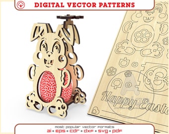 May include: A wooden bunny rabbit cutout with a red and white patterned egg inside. The bunny is holding the egg in its front paws. The bunny is on a wooden base with wheels. The image also includes a wooden sign with the text "Happy Easter" and a cloud design.