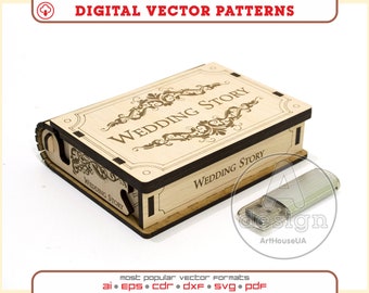 Caja para vector USB, Estuche usb de historia de boda, Archivo vectorial de corte láser de caja, Caja pequeña SVG, Archivo de corte láser Glowforge, Caja para unidad flash USB