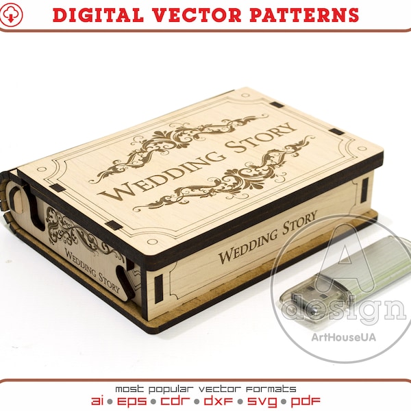 Box for USB vector, Wedding story usb case, Box laser cut vector file, Small box SVG, Glowforge laser cut file, Box for USB flash drive