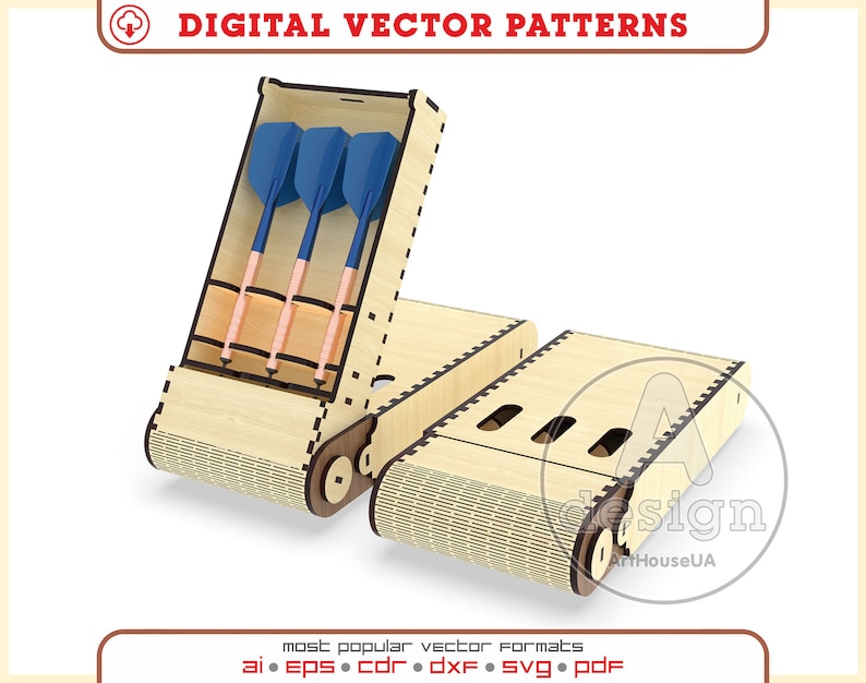 May include: A wooden dart holder with a hinged lid and a compartment for storing darts. The holder has a decorative pattern on the sides and a label that says "sign ArtHouseUA".