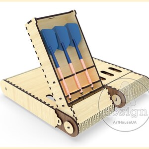 May include: A wooden dart case with a hinged lid and a roll-up design. The case has slots for holding darts and a compartment for storing tips. The case is made of light wood with a natural finish.