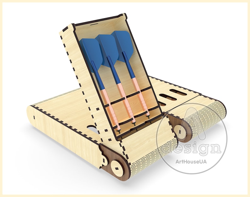 May include: A wooden dart case with a hinged lid and a roll-up design. The case has slots for holding darts and a compartment for storing tips. The case is made of light wood with a natural finish.