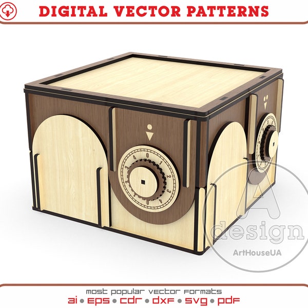 Coffre-fort en bois découpé au laser fichier vectoriel, boîte-cadeau comme fichier SVG sûr pour Glowforger, coffre-fort d'argent, coffre-fort avec une serrure à combinaison, Ver.68