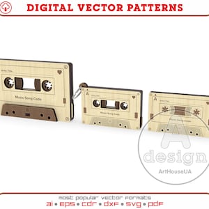 Houten vintage cassettebandje lasergesneden vectorbestand, sleutelhangercassetteband voor favoriete songcode, geschenkcassetteband en sleutelhangercassette