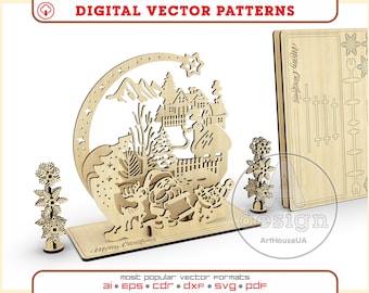 Christmas card 3D Puzzles laser cut vector file. Christmas greetings vector, Christmas souvenir card Glowforge SVG, Christmas decoration SVG