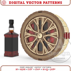 Gift box for whiskey 0.7L laser cut vector file, Whiskey gift box like wheel, Round box for Whiskey, Whiskey box like a spare wheel, Ver.89