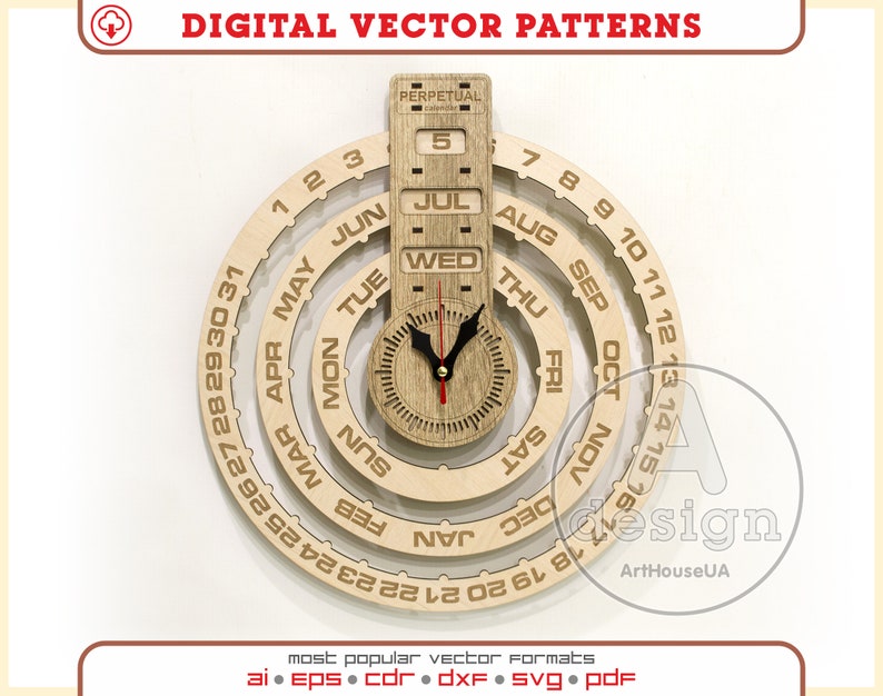 Perpetual calendar, Calendar laser cut vector plan, Perpetual calendar and clock vector , Wood calendar, Plywood calendar, Cnc file, PC-v5 image 1