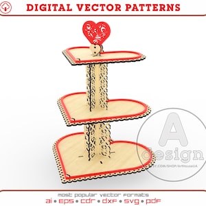 Tiered Tray with three plates laser cut vector file DXF, Tray like Heart - SVG file for Glowforge user, Cupcake and Cake stand vector PDF