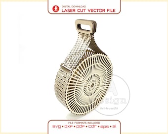 May include: A circular wooden handbag with a laser-cut radial pattern and a top handle. The text DIGITAL DOWNLOAD LASER CUT VECTOR FILE appears at the top, and FILE FORMATS INCLUDED SVG DXF PDF CDR EPS AI appears at the bottom.