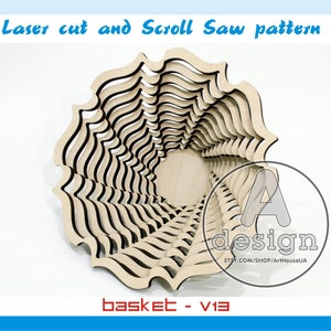 May include: A laser cut and scroll saw pattern for a wooden basket. The pattern is made up of 12 parts and is designed to be assembled. The basket is made of wood and has a natural finish. The pattern is available in a variety of file formats, including AI, EPS, CDR, DXF, SVG, and PDF.