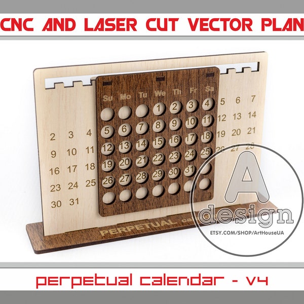 Perpetual calendar, Calendar laser cut vector model, Perpetual calendar vector plan, Wood calendar, Plywood calendar, Cnc cut file, PC-v4