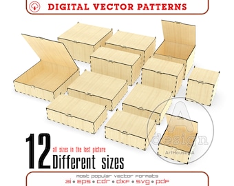 Boîte avec fichier vectoriel de couvercle rabattable pour découpe laser, paquet de boîte de rangement 12 tailles différentes, fichier de boîte-cadeau, paquet de boîte de rangement