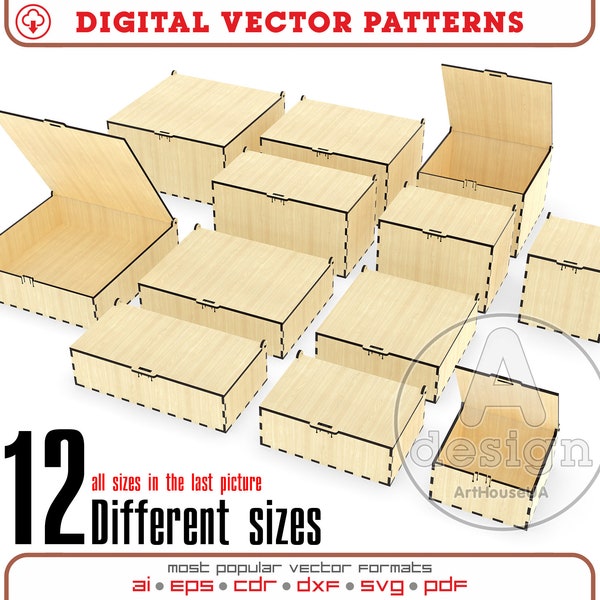 Box with flip up lid vector file for laser cut , Storage box bundle 12 Different Sizes, Gift Box file, Storage Box Bundle