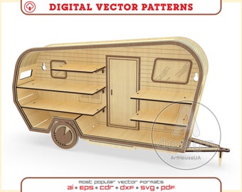 May include: A wooden model of a vintage camper trailer with a door, windows, and shelves inside. The camper is on wheels and has a hitch. The model is made of wood and has a natural wood finish.