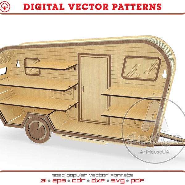 Fichier vectoriel de plateau Happy Camper pour les machines découpées au laser et utilisateur de Glowforge, étagère murale décoration maison comme Camper SVG, étagère murale de remorque Camper