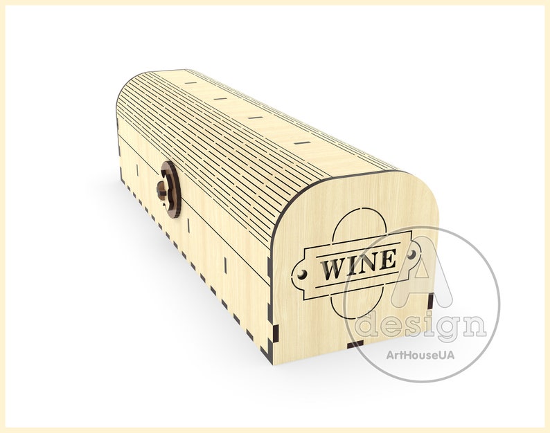 Puede incluir: Una caja de madera con tapa abatible y cierre. La caja est&aacute; decorada con un patr&oacute;n de veta de madera y la palabra "WINE" est&aacute; grabada en la parte delantera.