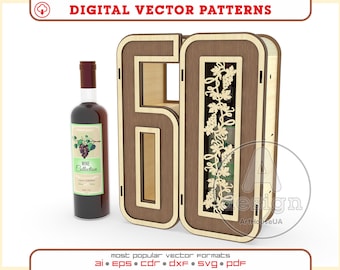 60th anniversary gift wine box laser cut vector file, 60th birthday gift box vector, 60th birthday decorations vector, Wine holder Ver.64