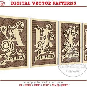 Carta monogramas amor estilo láser corte vector, ALFABETO 26 letras, decoración del día de San Valentín, monogramas personalizados Glowforge listo archivo SVG