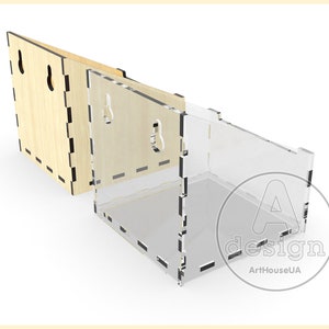 May include: A clear acrylic box with a wooden back panel. The box has a cutout design and is perfect for displaying small items. The back panel is made of wood and has a natural finish.