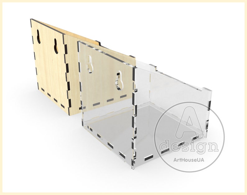 May include: A clear acrylic box with a wooden back panel. The box has a cutout design and is perfect for displaying small items. The back panel is made of wood and has a natural finish.