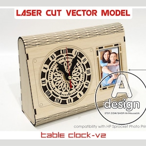 Table clock, Desk clock, Table clock with photo frame, Wooden table clock, Laser cut clock, Clock vector, Clock plans, Cnc vector,  TC-V2