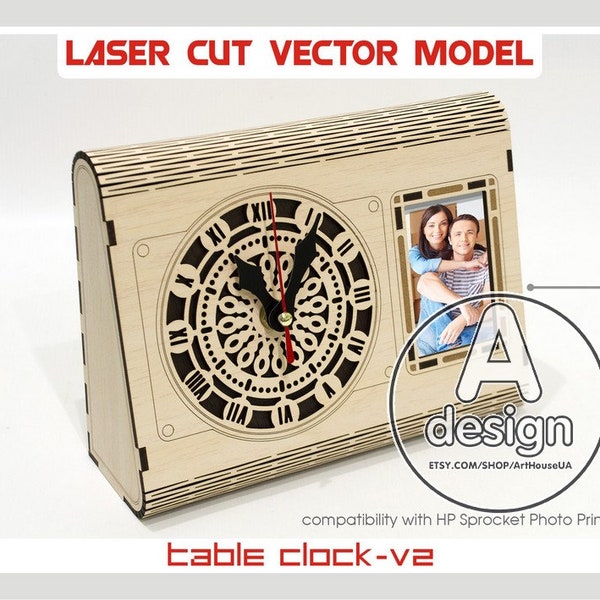 Table clock, Desk clock, Table clock with photo frame, Wooden table clock, Laser cut clock, Clock vector, Clock plans, Cnc vector,  TC-V2