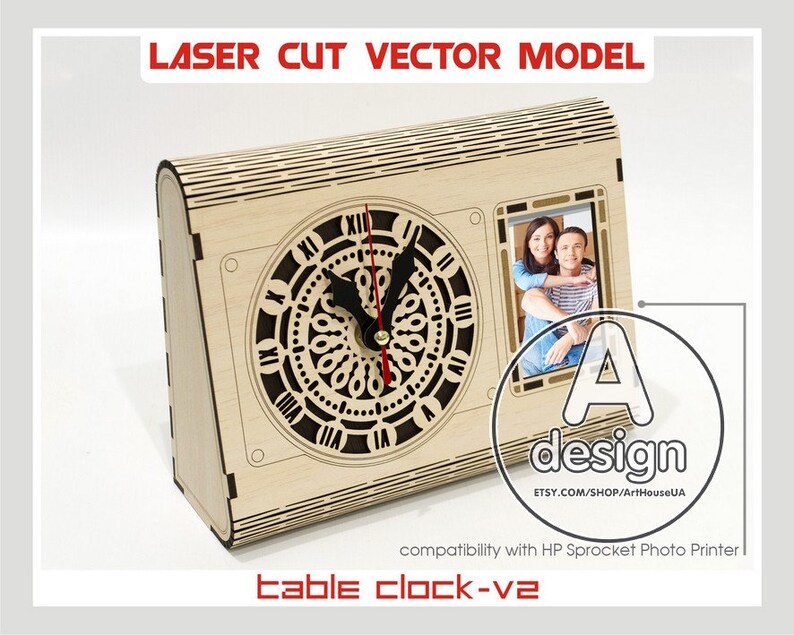 Table Clock Desk With Photo Frame Wooden Laser Cut Vector Plans Cnc Tc V2