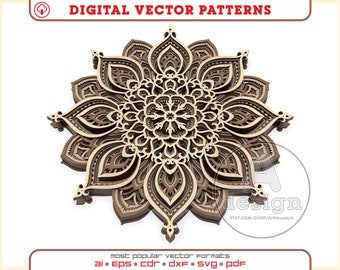 May include: A brown and beige layered mandala design with intricate details. The mandala is a digital vector pattern available in AI, EPS, CDR, DXF, SVG, and PDF formats.
