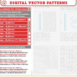 May include: Digital vector patterns for laser cutting. Choose from various sizes and thicknesses, including 3.0mm, 3.2mm, 4.0mm, 5.0mm, 6.0mm, and 6.4mm.  Dimensions are listed in millimetres and inches.