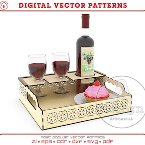 Wine Serving Tray laser cut vector file, Wine bottle holder, Wine bottle and Wine glass Serving Tray, Wine Accessories laser cut file, Wt.V1