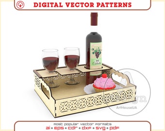 Bandeja para servir vino, archivo SVG cortado con láser, soporte de madera para botellas y copas.