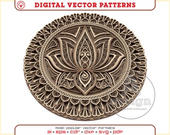 May include: A brown wooden mandala with a detailed lotus flower design. The mandala is circular and has a layered, intricate pattern.
