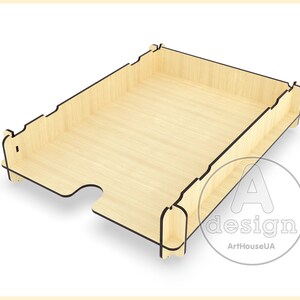 May include: A wooden file organizer with a natural finish and black trim. The organizer has a rectangular shape and is designed to hold files or papers.
