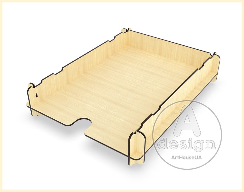 May include: A wooden file organizer with a natural finish and black trim. The organizer has a rectangular shape and is designed to hold files or papers.