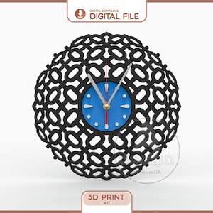 May include: A wall clock featuring a black circular frame with an intricate, repeating oval lattice pattern. The center is a solid blue circular face with white hour markers, silver hour and minute hands, and a thin red second hand.