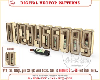 Wine boxes like numbers anniversary bundle decorations, Birthday gift wine boxes laser cut vector file and  SVG, Wine holder vector