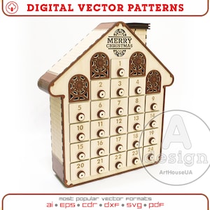 Calendario de Adviento cortado con láser, archivo vectorial, calendario de Adviento navideño, calendario de Adviento navideño de 24 cajones, decoración navideña, versión 2