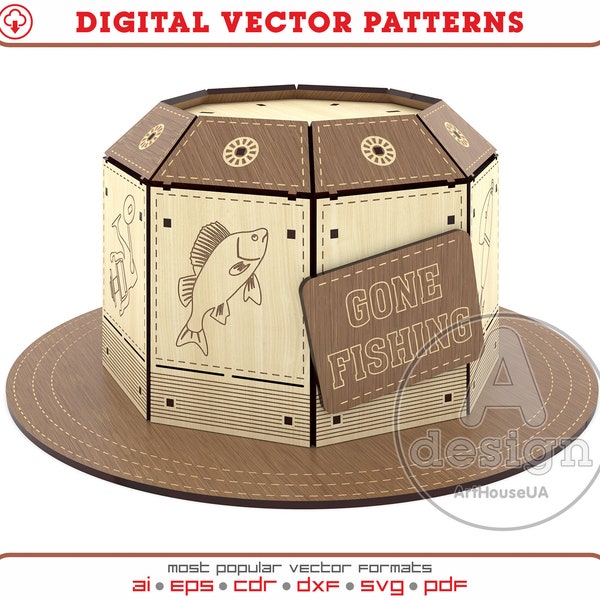 Gone Fishing hat box vector file laser cut machines and Glowforge user, Gone Fishing candy box, Gift box shaped like a bucket Fishing Hat