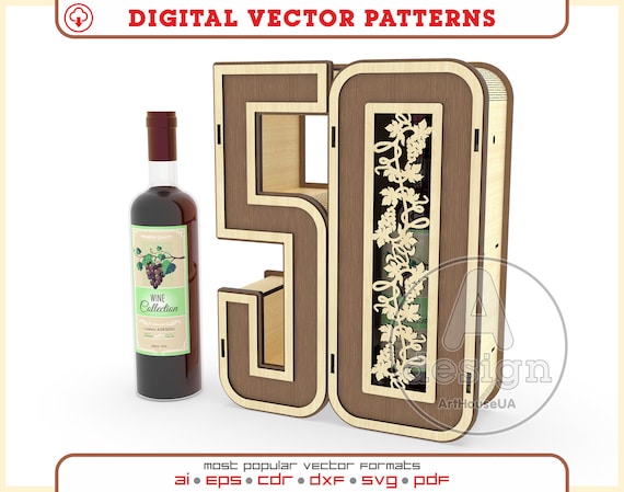 50th anniversary gift wine box laser cut vector file, 50th birthday gift box vector, 50th birthday decorations vector, Wine holder Ver.63