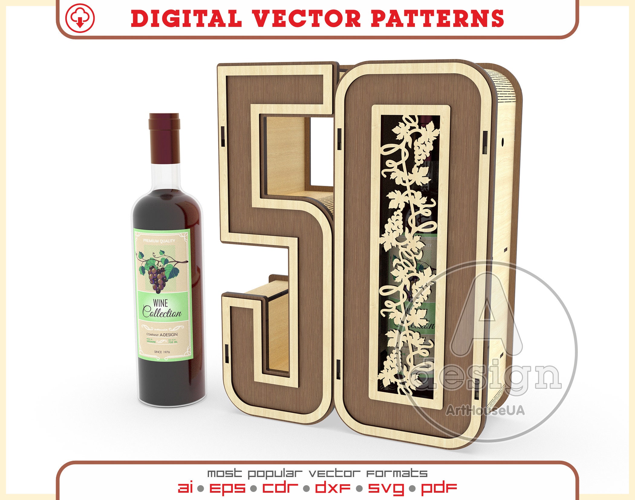 50th anniversary gift wine box laser cut vector file, 50th birthday gift box vector, 50th birthday decorations vector, Wine holder Ver.63