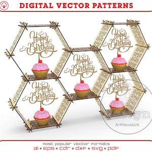 Display plank, DSv1, Display plank Glowforge bestanden, Cupcake Stand vector, Cake stand vector, Cake Stand Laser gesneden bestanden Dxf, Pdf, Svg, Cnc