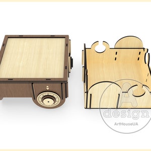 Op de afbeelding: Een houten doos met een cijferslot en een aparte houten doos met een uitgesneden ontwerp. De dozen zijn gemaakt van licht en donker hout.